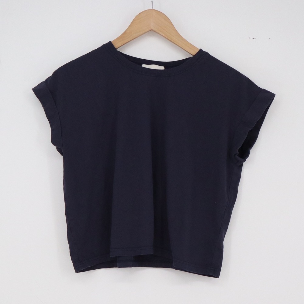 Miou Muse Top Womens S Navy Blue Cuffed Cap Sleeve Cropped Excellent